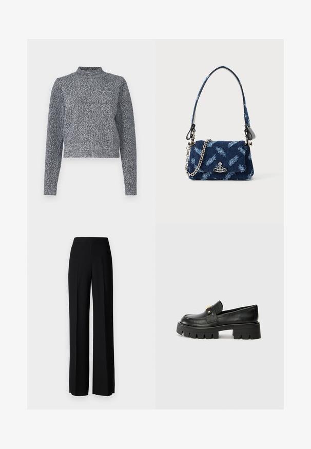 Marineblå og hvit strikket genser med høy hals, lange ermer og en kort passform; har et teksturert, spraglete design.; Sorte vidde bukser med en glatt tekstur, med høy midje og sentrale folder. Ingen synlige mønstre eller maskinvaredetaljer.; Sorte skinnloafers med en kraftig såle, med en gulltoneakcent foran og en jevn finish. Kraftig mønsterdesign på sålen.; Mørkeblå stoffhåndveske med teksturdesign, sølvfarge detaljer og avtakbar kjedehank. Har klaffelukking og logoakcent.