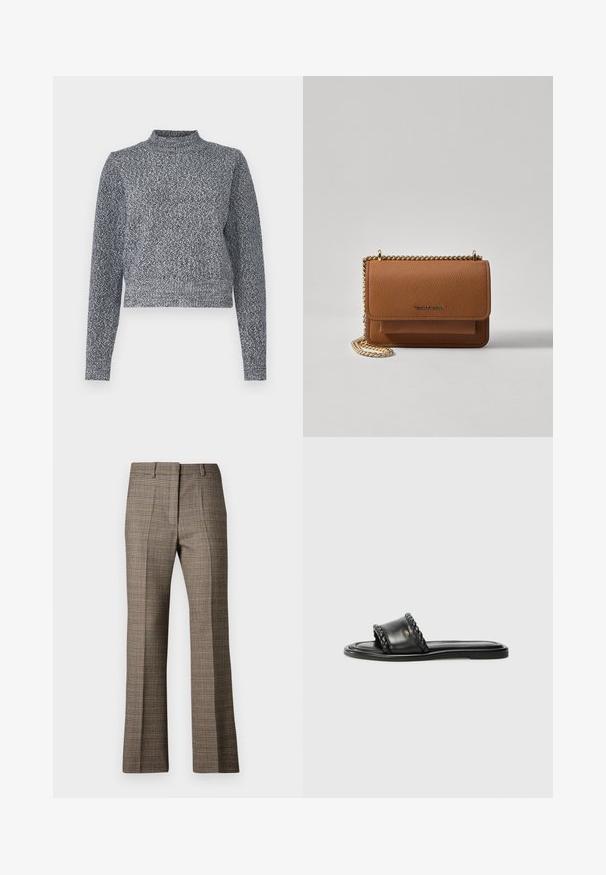 Navy and white knitted sweater with a high neckline, long sleeves, and a cropped fit; features a textured, speckled design.; Brown plaid trousers with a straight leg cut, featuring a textured fabric and subtle colors of beige and darker browns throughout the pattern.; Black leather sandal with a woven strap detail, flat sole, and a sleek design. Smooth texture and minimalistic profile.; Brown textured leather crossbody bag with gold chain strap and flap closure. Front features logo detail and a pocket under the flap.