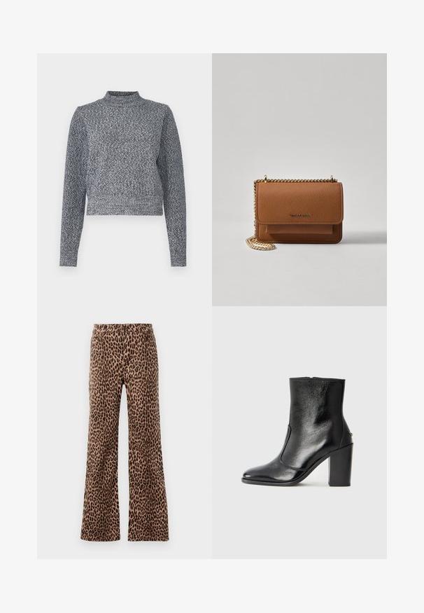 Navy i bijeli pleteni pulover s visokim izrezom, dugim rukavima i skraćenim krojem; sadrži strukturirani, mrljasti dizajn.; Hlače širokih nogavica s leopard uzorkom u bež i crnoj boji, s glatkom teksturom i suženim rubom. Dizajn s običnim pojasom i džepovima.; Crna kožna čizma do gležnjeva s glatkom teksturom, špicastim vrhom i debelim visokim potpeticama. Ima bočni otvor i minimalistički dizajn.; Smeđa kožna torba preko tijela s teksturom, zlatnim lančićem i preklopom na zatvaranju. Na prednjoj strani nalazi se detalj s potpisom i džep ispod preklopa.