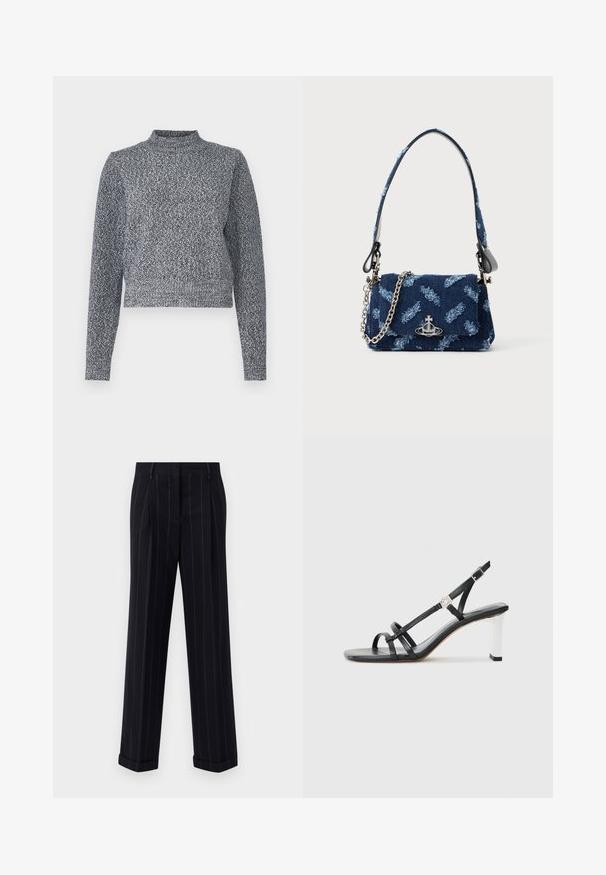 Navy i bijeli pleteni pulover s visokim izrezom, dugim rukavima i skraćenim krojem; sadrži strukturirani, mrljasti dizajn.; Crne prugaste hlače s krojem po mjeri, s opšivenim rubom i prednjim naborima. Izrađene od glatkog materijala s čvrstim dizajnom.; Crne sandale na visokoj potpetici s više uskih trakica, dizajnom s remenom oko pete i srebrnim detaljem na potpetici. Glatki gornji materijal i kvadratna potpetica.; Torbica od tamnoplave tkanine s teksturiranim dizajnom, srebrnim detaljima i odvojivim lančanim remenom. Ima preklopno zatvaranje i naglasak s logotipom.