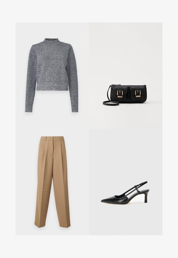 Marineblauwe en witte gebreide trui met een hoge halslijn, lange mouwen en een cropped fit; heeft een gestructureerd, gespikkeld ontwerp.; Beige op maat gemaakte broek met een hoge taille, geplooide voorkant en wijde pijpen. De stof lijkt glad met een lichte glans.; Zwart patent slingback hak met een spitse neus, voorzien van een gestructureerde slangenprint, verstelbare band en een korte, gestructureerde blokhak.; Zwarte leren schoudertas met twee vo pockets, gouden gespen, ritsluiting en een smalle band. Tekstuur oppervlak en compacte rechthoekige vorm.