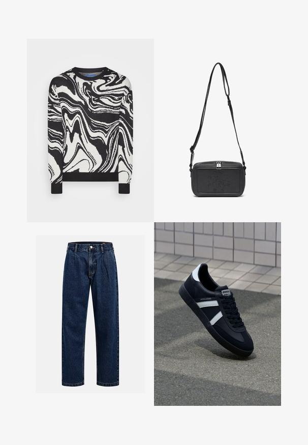 Jack & Jones JORMARBLE czarny; Granatowe dżinsy o prostym kroju nogawki. Posiada widoczne szwy, zapięcie na guzik oraz fałdy z przodu dla dodatkowego detalu.; Czarne skórzane sneakersy z białymi paskami, teksturowana gumowa podeszwa i sznurowane z przodu. Posiadają metkę marki na języku.; Czarna skórzana torba na ramię z zamkiem błyskawicznym, wytłoczone logo na przodzie i regulowanym paskiem. Gładka tekstura w prostokątnym kształcie.