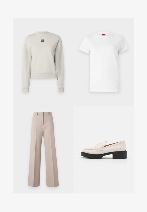 Cream-colored sweatshirt with a round neck, ribbed cuffs, and bottom hem; features a black "HUGO" logo centered on the front.; White short-sleeve t-shirt made of lightweight cotton. Features a round neckline and rolled sleeves. Red logo tag on the collar.; Beige wide-leg trousers made from a smooth fabric, featuring a high waist, front pleats, and a tailored silhouette.; Light beige leather loafers with a stitched front and a textured black platform heel. Features a curved design and a slight elevation.