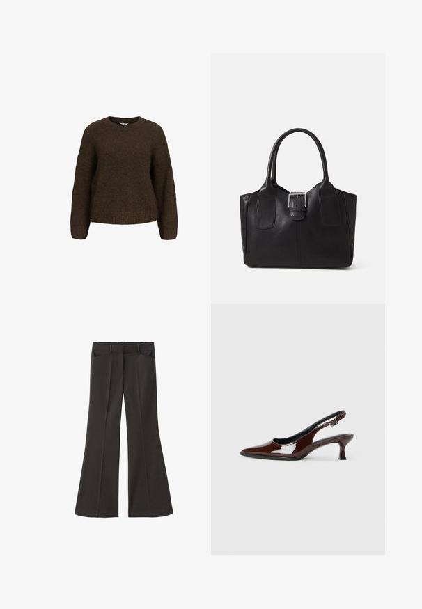 Suéter marrón de punto con mangas largas, cuello redondo y un corte relajado. Presenta una textura suave y puños y dobladillo acanalados.; Pantalones de campana negros con cintura alta; cuentan con dos bolsillos frontales y una textura de tela suave. Adecuados para diversas ocasiones.; Zapato slingback de charol marrón con punta afilada y tacón moderado. Cuenta con una correa con hebilla para un ajuste seguro. Textura suave.; Bolso tote de cuero negro con textura suave, forma estructurada, dos asas y un prominente detalle de hebilla plateada en la parte frontal.