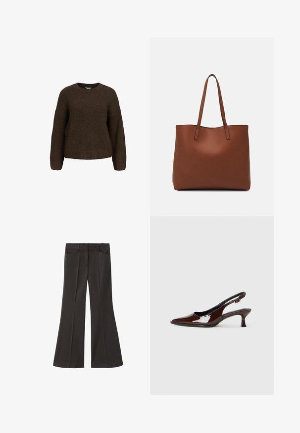 Brun, strikket sweatshirt med lange ærmer, rund hals og en afslappet pasform. Har en blød tekstur samt ribbede manchetter og kant.; Sorte flagrende bukser med høj talje; har to forlommer og en glat stofstruktur. Egnet til forskellige anledninger.; Brun patenteret læder slingback sko med spids tå og en moderat hæl. Har en spænde rem for en sikker pasform. Glat tekstur.; Brun læder tote taske med en glat overflade, åben topdesign og to skulderremme. Har minimal syning og ingen synlig hardware.