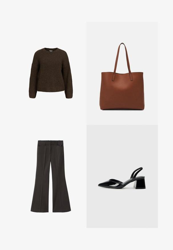 Brauner, gestrickter Pullover mit langen Ärmeln, Rundhalsausschnitt und lockerer Passform. Hat eine weiche Textur sowie gerippte Bündchen und Saum.; Schwarze, weit geschnittene Hosen mit hoher Taille; verfügt über zwei Fronttaschen und eine glatte Stoffoberfläche. Geeignet für verschiedene Anlässe.; Schwarze Lackleder-Slingback-High Heels mit spitzem Schuh und einem geometrischen Blockabsatz. Verfügt über ein schlankes, minimalistisches Design und eine glatte Textur.; Braune Leder-Tote mit glatter Textur, offenem Oberteil und zwei Schulterriemen. Verfügt über minimale Nähte und keine sichtbaren Beschläge.