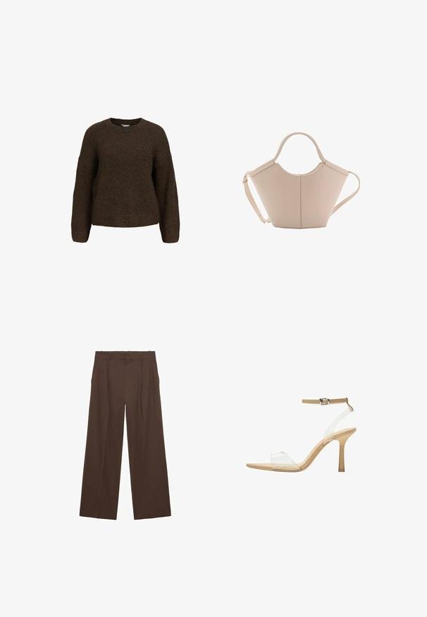 Maglione marrone lavorato a maglia con maniche lunghe, colletto a giro e una vestibilità morbida. Presenta una texture soffice e polsini e orlo a coste.; Pantaloni a gamba larga marroni realizzati in un tessuto liscio, con vita alta, pieghe frontali e due tasche laterali.; Sandal con tacco trasparente e parte superiore trasparente, plantare beige e una sottile cinghia alla caviglia. Presenta una punta appuntita e un tacco alto e sottile.; Borsa in pelle beige con una forma unica, caratterizzata da due manici corti e una lunga tracolla regolabile. Texture liscia con hardware minimale.; Anello color oro con un design liscio e attorcigliato. Presenta una superficie lucida e bordi arrotondati, creando una forma fluida e continua.