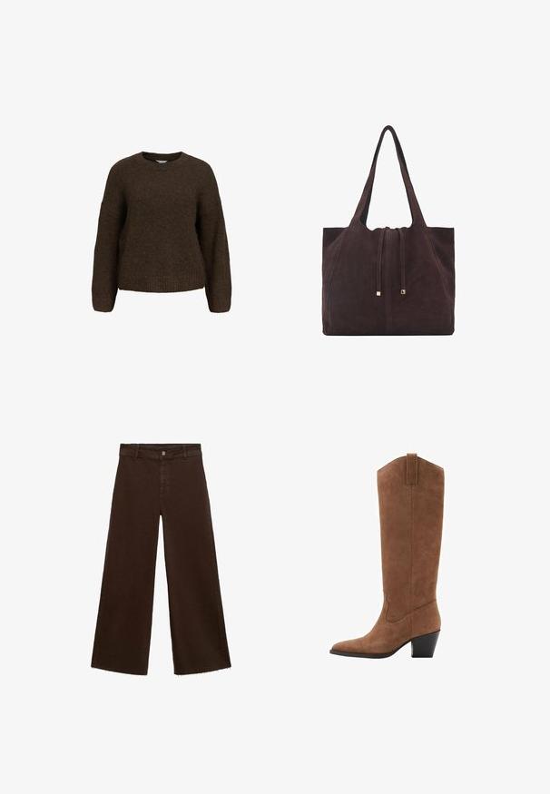 Brun, strikket sweatshirt med lange ærmer, rund hals og en afslappet pasform. Har en blød tekstur samt ribbede manchetter og kant.; Brune viddebukser i en bomuldsblanding, med en frynset kant, frontknaplukning og klassisk fem-lomme design. Minimalistiske og alsidige.; Brune ruskinds knæhøje støvler med spids tå, skrå hæl og dekorativ syning på skaftet. Glat tekstur og tilspidset design.; Mango Shopping bags - dark brown