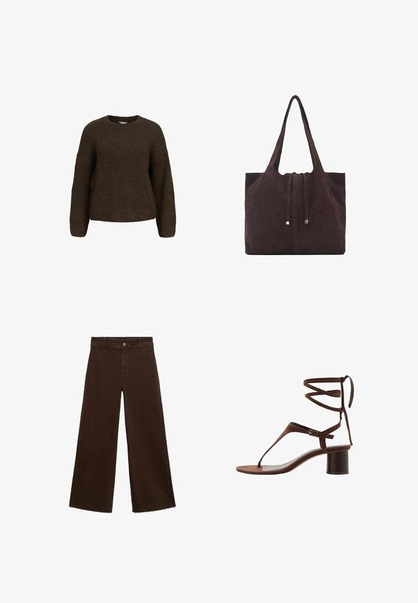 Ruskea neulepaita, jossa on pitkät hihat, pyöreä pääntie ja rento malli. Paidan pinnassa on pehmeä tekstuuri sekä ribbaatut hihansuut ja helma.; Ruskeat leveät housut puuvillasekoituksesta, joissa on revitty helma, etunappikiinnitys ja perinteinen viisi-taskuinen muotoilu. Minimalistiset ja monikäyttöiset.; Ruskeat mokkanahka korkokengät, joissa on kolmiomainen varvassolki, nilkkaketjut ja teksturoitu lohkokanta vakauden takaamiseksi.; Mango Shopping bag - dark brown