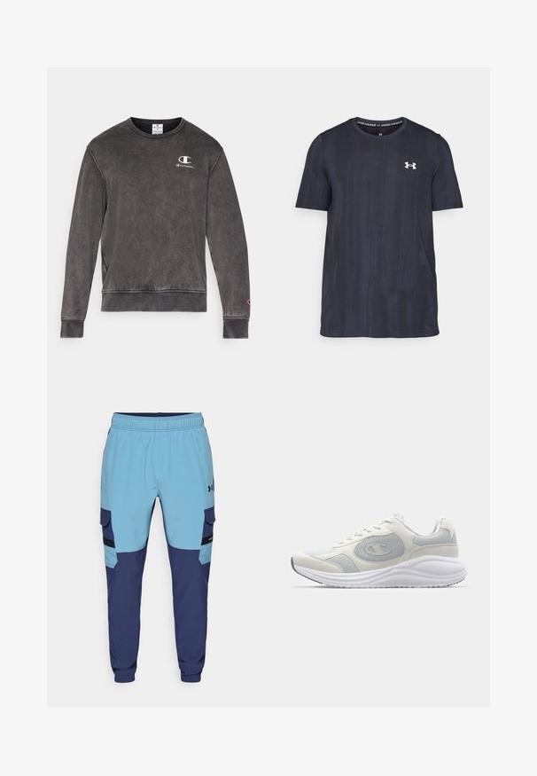 Tumši pelēks džemperis, kas izgatavots no kokvilnas maisījuma, ar apaļu kakla izgriezumu, ribotām piedurknēm un mazu izšūtu logotipu krūšu daļā.; Tumši jūras zila īsām piedurknēm t-krekls, izgatavots no elpojoša auduma, ar struktūru rakstu un baltu Under Armour logotipu uz krūškurvja.; Zili un tumši zili sporta bikses ar elastīgu jostu, sānu kabatām un cargo stila akcentiem. Izgatavotas no mīksta, elpojoša auduma.; Baltas sporta apavi ar gaiši pelēkām akcentiem, sietiņa un zamša materiāliem, noapaļota purngalu forma, strukturēta zole un redzams zīmola logo uz sāna.