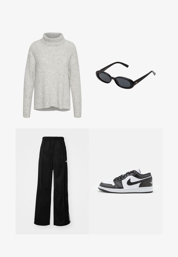 Pulover gri deschis cu guler înalt, mâneci lungi și croială lejeră. Textură moale cu variații subtile de culoare în întreaga țesătură.; Pantaloni sport largi negri cu talie elastică, având dungi albe pe laturi și un logo mic pe șoldul stâng. Textură de țesătură netedă.; Sneakers Nike cu talpă joasă, alb-negru, prezintă un superior din piele netedă, vârf rotund, închidere cu șireturi și o talpă din cauciuc cu model.; Ochelari de soare supradimensionați, cu lentile ovale, cadru din plastic neted și accente aurii pe brațe. Lentilele întunecate oferă protecție solară.
