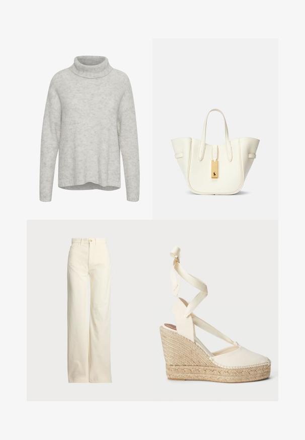 Gaišs pelēks džemperis ar augstu apkakli, garām piedurknēm un brīvu piegriezumu. Mīksta tekstūra ar nemanāmām krāsas variācijām visā audumā.; Polo Ralph Lauren COTTON CORDUROY WIDE-LEG PANT - Auduma bikses - warm white; Bežīgas espadrilles platformas sandaļas ar krustveida kanvas siksnām un austām jūras zāles zolēm, ar noapaļotu purngalu un teksturētu virsmu.; Balta ādas somiņa ar strukturētu formu, izteiksmīga šuvju apdare, zelta aksesuārs un divi rokturi. Tekstūrēta virsma ar sānu kabatām.