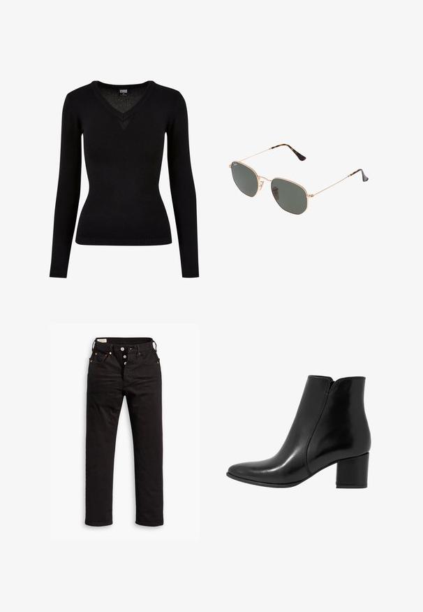 Melna V-veida kakla džemperis, kas izgatavots no gludas adītas materiāla. Piedurknes ir garas, apakšmalas ar ribotām malām, un tam ir pieguļošs siluets. Vienkāršs dizains bez rakstiem.; Melnas taisnās kājas džinsus ar pogu aizdari, priekšējām un aizmugurējām kabatām, kā arī vara kniedēm uz baltā fona.; Anna Field LEATHER - Klasiski puszābaki - black; Zelta metāla rāmis saulesbrilles ar tumši zaļiem stikliem, aviator stils, ar šaurām kājām un bruņu akcentiem uz galiem.