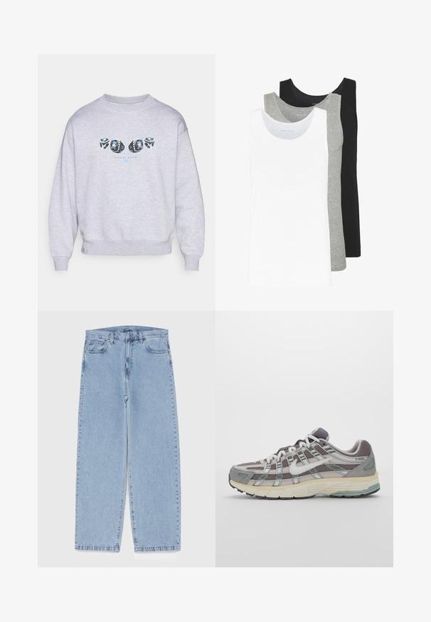 Felpa grigia realizzata in tessuto morbido, con una stampa grafica di elementi decorativi neri e blu sul davanti, colletto rotondo e polsini a costine.; Tre canottiere in bianco, grigio e nero. Ognuna presenta un classico design senza maniche, realizzata in leggero cotone con una texture a costine.; Jeans in denim azzurro chiaro con design a gamba dritta, caratterizzati da una vita media, cinque tasche e chiusura con bottone e zip.; Scarpa sportiva grigia con tomaia in mesh e suede, dettagli bianchi, suola ammortizzata e un design distintivo con elementi riflettenti.