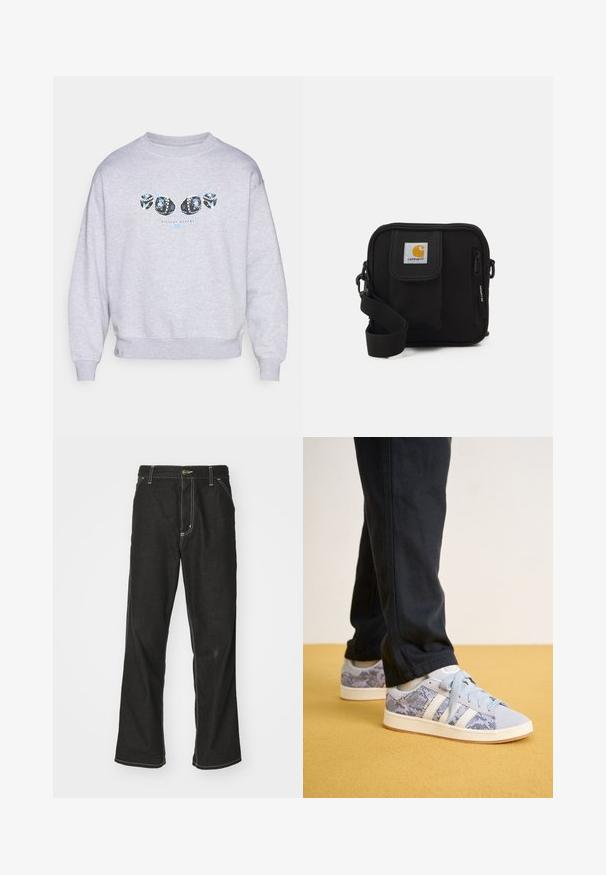 Grå hettegenser laget av mykt stoff, med et grafisk trykk av svarte og blå dekorative elementer på forsiden, rund hals og ribbede mansjetter.; Svarte denimbukser med løs passform, med kontrastfylt hvit søm, knappelukking og rett ben-design.; Lyseblå sneakers med slangeskinnmønster, med hvite striper og snørebånd, satt mot en gul gulv.; Svart crossover-veske med en glidelåslukking hovedrom, frontlomme, justerbar stropp og et synlig logo-patch på klaffen.