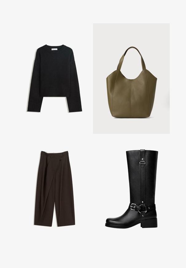 Pulover tricotat negru cu mânecă lungă, guler rotund, manșete și tivș ribetate și lungime scurtă.; Pantaloni largi de culoare maron închis, cu talie înaltă, având închiere cu un singur nasture și un față pliată. Confectionați dintr-un material ușor.; Cizme înalte din piele ecologică neagră, cu vârf rotund, detalii cu cataramă de accent și toc gros. Textură netedă și cusătură verticală pe tijă.; Geantă tote din piele verde măslinie cu două mânere, textură netedă și design din patru panouri. Cusături întărite pe margini pentru durabilitate.