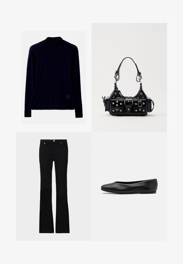 Námorní modré tričko s dlouhým rukávem a rolákem vyrobené z měkké tkaniny; má přiléhavý krk a malé logo světle modré barvy na levé spodní části předního dílu.; Černé zvonové džíny vyrobené z denimu, s dvěma předními kapsami, zapínáním na knoflík a hladkou strukturou. Na švech je viditelné charakteristické prošívání.; Paul Smith TOPANGA - Klasické baleríny - black; Černá kožená kabelka s křivkovým designem, zdobená stříbrnými hřebíky, s přezkou a dvěma bočními kapsami. Nastavitelný popruh pro různé možnosti nošení.