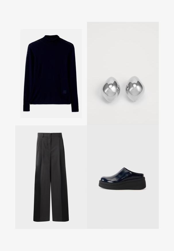 Jūras zila garas piedurknes turtlenecks krekls, kas izgatavots no mīkstas auduma; tam ir pieguloša kakla izgriezums un neliels gaismas zils logo kreisajā apakšējā pusē.; Melni platajā kājās bikses ar augsto jostasvietu, kas ar priekšējiem krokām, gludu tekstūru un pielāgotu apdari. Veidotas relaksētai piegrieztei.; Tumši zila lakota āda ar gludu apdari, piedāvā biezus melnus platformas sole ar redzamām šuvēm apakšā.; Sudraba metāla auskari ar gludu, noapaļotu formu, kas izceļas ar pulētu apdari un atstarojošu virsmu. Minimālistisks dizains bez rotājumiem.