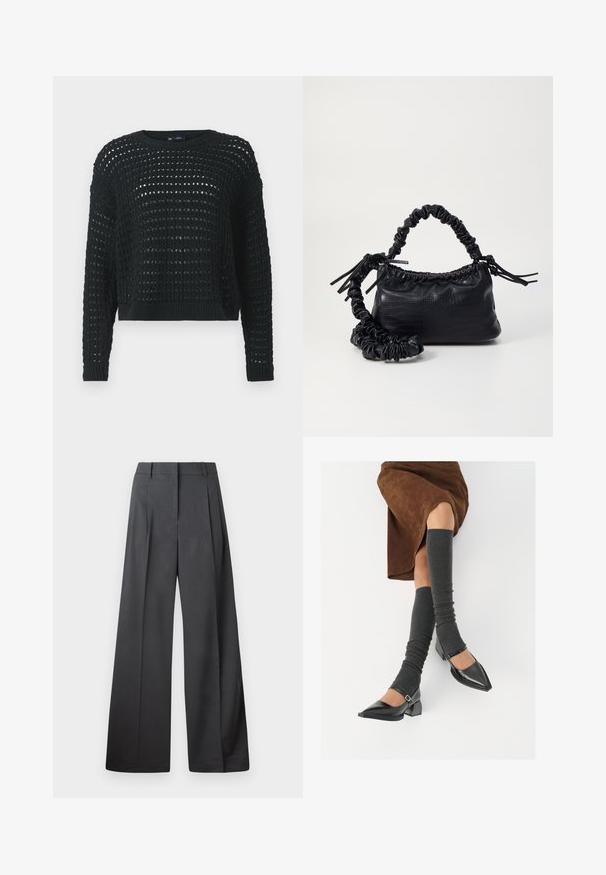 Must mustriga mustri, millel on avatud kudumine, pikad varrukad ja soonikuga kaelus. Omab lühendatud pikkust ja tekstuurset detailimist üle kogu.; Tumesed püksid tumesinises kangas, kõrge vöökoht, üks voldik ning sile struktuur puhaste ääristega.; Mustad patsaline odav värviga kingad, millel on kreen ja pahkluuring, on paaritatud hallide ribakudumitega sääremiidega ja pruunist nahast seelikuga.; Must must sünteetilisest nahast käekott, millel on krokodillimuster, kokku tõmmatav ülaosa ja kortsus rihm. Tundub pehme ja kompaktne disain.