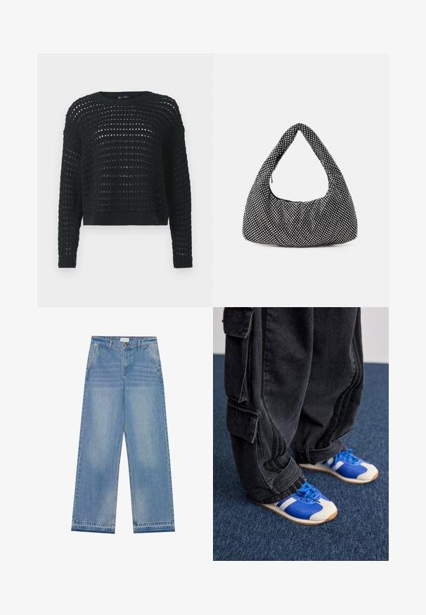 Černý pletený svetr s otevřeným pletením, dlouhými rukávy a žebrovaným výstřihem. Má zkrácenou délku a texturované detaily po celém povrchu.; Světle modré džíny s vysokým pasem, širokým střihem, zapínáním na knoflík, předními kapsami, poutky na opasek a jemným vybledlým detailem.; Osoba v volných černých cargo kalhotách a modro-bílých teniskách stojící na tmavě modrém koberci.; Černá taška s křivkovým, hobo tvarem, texturované tkaniny s kovovými nýty. Jediná rukojeť nahoře, zipové uzavírání a měkký silueta.