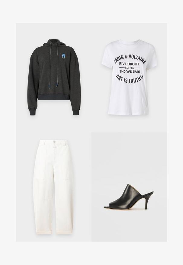 Dark gray cropped hoodie made of soft fabric, featuring a blue graphic on the chest, drawstrings with contrasting accents, and ribbed cuffs.; White cotton t-shirt featuring bold black text with brand name, location, established date, and slogan in a circular layout. Round neckline.; CLOSED RHANNON - Wide Leg - ivory; Black leather open-toe mule with a sleek, curved design, high stiletto heel, and smooth texture. The interior features a contrasting light color.
