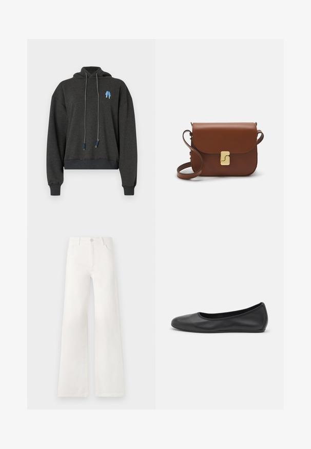 Mörkgrå cropped hoodie i mjukt material, med en blå grafik på bröstet, dragsnören med kontrasterande detaljer och ribbade ärmslut.; Vit kortärmad t-shirt i ribbat tyg. Rund halsringning, normal passform och diskreta sömdetaljer. Inga mönster eller tryck.; Vita, högmidjade jeans med vida ben i denim. Har en knappstängning, två framfickor och sidsömmar med stickningsdetaljer.; Svart läderballerinaskor med rund tå, slät yta, minimala söm detaljer och en flexibel sula.; Brun läderhandväska med klaffstängning, guldfärgad hårdvara, axelrem och en slät yta. Kompakt rektangulär form.