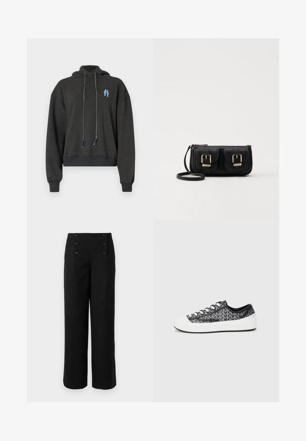 Ciemnoszary, krótkotaliowy hoodie wykonany z miękkiego materiału, z niebieską grafiką na klatce piersiowej, sznureczkami z kontrastowymi akcentami oraz prążkowanymi mankietami.; Czarne spodnie szerokie wykonane z gładkiego materiału, z wysokim stanem i pięcioma guzikami z przodu do zapięcia. Elegancki, dopasowany krój.; Czarne i szare sneakersy w wzory z białym gumowym czubkiem i podeszwą, z czarnymi sznurowadłami oraz teksturowanym wzorem w górnej części.; Czarna skórzana torba na ramię z dwoma przednimi kieszeniami, złotymi klamrami, zamkiem błyskawicznym i cienkim paskiem. Teksturowana powierzchnia i kompaktowy prostokątny kształt.