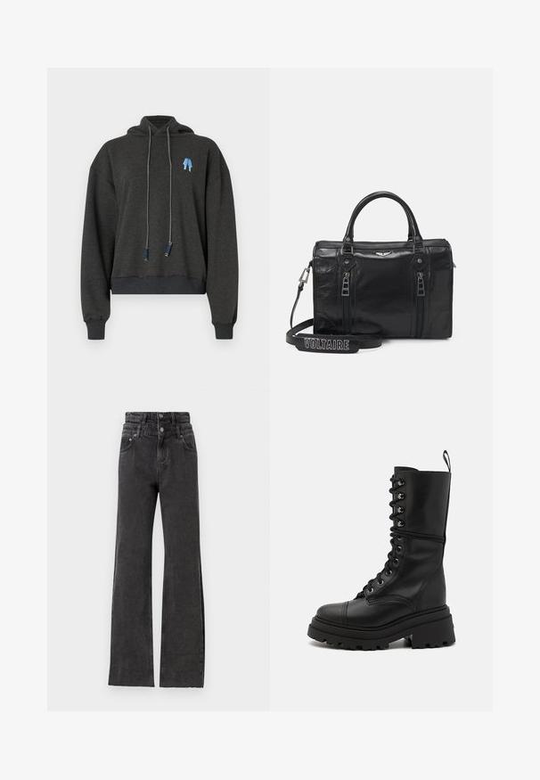 Sötét szürke, rövidített kapucnis pulóver, puha anyagból, kék grafikával a mellkason, kontrasztos részletekkel ellátott húzózsinórokkal és bordás mandzsettákkal.; Fekete, magas derekú farmer az egyenes szárú dizájnjával, diszkrét kopott hatásával és fém gombos részleteivel a deréknál.; Fekete bőr fűzős csizmák masszív, bordázott talppal, magas szárral és textúrált felülettel, fém fűzőlyukakkal és húzófüllel.; Fekete bőrtáska dupla cipzárral, strukturált dizájnnal és felső fogantyúkkal. Tartalmaz egy levehető pántot "VOLTAIRE" felirattal.