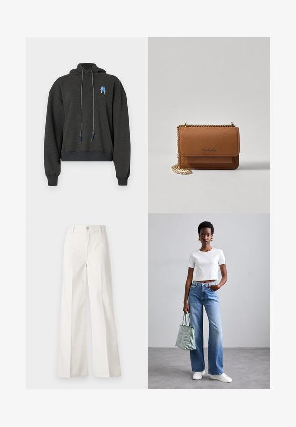 Dark gray cropped hoodie made of soft fabric, featuring a blue graphic on the chest, drawstrings with contrasting accents, and ribbed cuffs.; White wide-leg trousers made from cotton with a smooth texture. Features a front button, zipper fly, and four-pocket design.; White ribbed cropped t-shirt, light blue wide-leg jeans, and white sneakers. Holding a green and white striped tote bag.; Brown textured leather crossbody bag with gold chain strap and flap closure. Front features logo detail and a pocket under the flap.