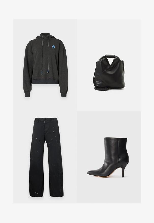 Tmavošedý skrátený mikina vyrobená z mäkkej látky, s modrou grafikou na hrudníku, sťahovacími šnúrkami s kontrastnými akcentmi a rebrovanými manžetami.; MM6 Maison Margiela PANTS - Džínsy voľného strihu - black; Čierne kožené členkové topánky s špicatou špičkou, úzkym stiletto podpätkom a hladkou textúrou. Minimalistický dizajn bez viditeľných kovových prvkov alebo akcentov.; Čierna, mäkká kožená taška s jedinečným zavinutým dizajnom. Disponuje krátkym uškom a odnímateľným ramenným popruhom. Minimalistický štýl.