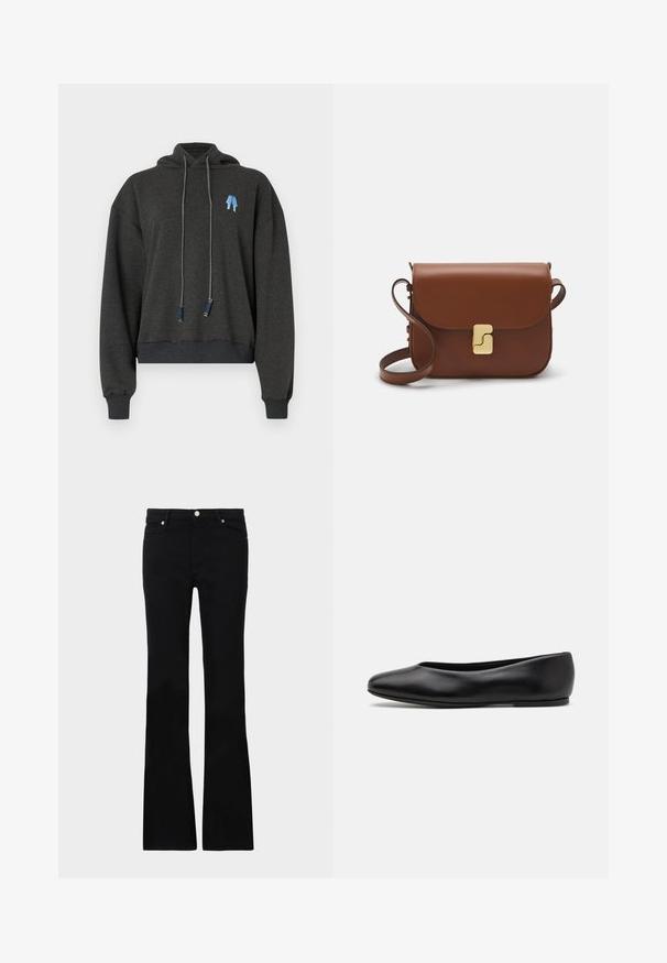 Tummanharmaa cropped huppari, joka on valmistettu pehmeästä kankaasta. Hupparissa on sininen graafinen kuvio rintakehässä, kontrastiväriset kiristysnyörit ja ribatut hihansuut.; Mustat levenevät farkut, valmistettu denimi- materiaalista, varustettu kahdella etutaskulla, napin sulkimella ja sileällä pinnalla. Alussa näkyviä erityisompeleita.; Paul Smith TOPANGA - Ballerinat - black; Ruskea nahkainen käsilaukku, jossa on läppäkiinnitys, kultasävyiset yksityiskohdat, olkahihna ja sileä pinta. Kompaktin suorakaiteen muotoinen.