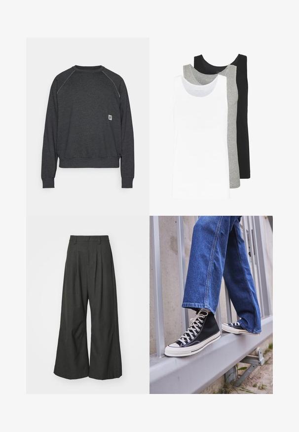 Tmavě šedá mikina s kulatým výstřihem, dlouhými raglánovými rukávy a malou nášivkou loga na dolní levé straně. Měkká textura.; Tři tílka v bílé, šedé a černé barvě. Každé má klasický bezrukávový design, je vyrobeno z lehkého bavlněného materiálu s žebrovanou texturou.; Jaded London GOLIATH TROUSER UNISEX - Kalhoty - grey; Černé vysoké tenisky s bílou podrážkou a tkaničkami, v kombinaci s volnými modrými džíny, odpočívající na šedém zábradlí.