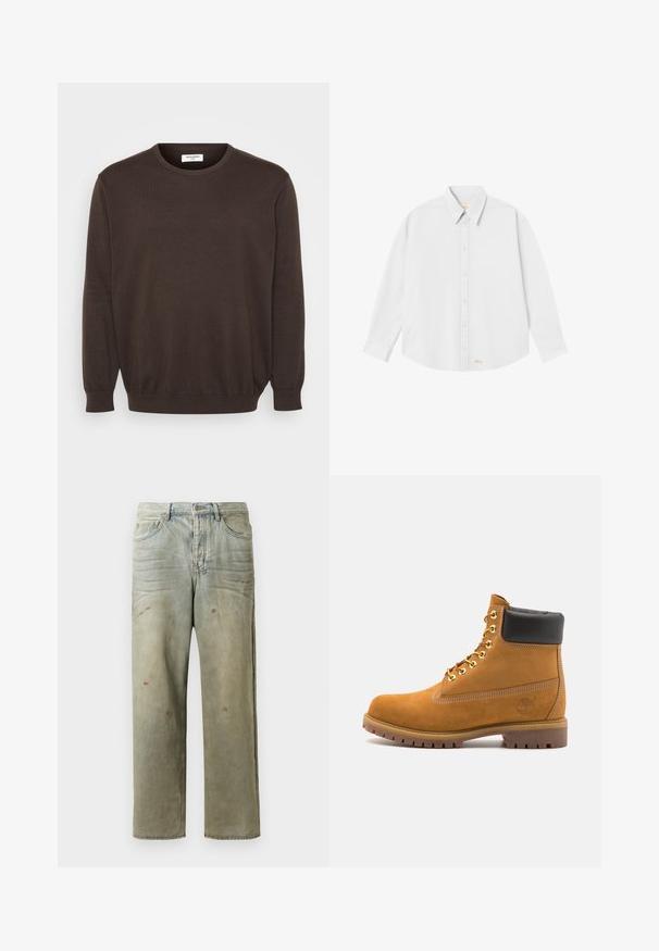 Brązowy dzianinowy sweter z okrągłym dekoltem, długimi rękawami oraz prążkowanymi mankietami i dołem. Gładka tekstura materiału, klasyczny design bez ozdób.; Biała koszula z długim rękawem i klasycznym kołnierzykiem, o zaokrąglonym dole; na dole po lewej stronie znajduje się małe pomarańczowe logo.; Zniszczone dżinsy w jasnym zielonym kolorze, z prostymi nogawkami, pięcioma kieszeniami oraz nierównomiernym blaknięciem i plamami farby.; Beżowe zamszowe botki sięgające kostki z czarną wyściełaną krawędzią, złotymi oczkami, białymi detalami szycia oraz wytrzymałą gumową podeszwą z wyraźnym bieżnikiem.