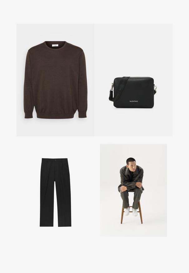 Barna kötött pulóver kerek nyakkivágással, hosszú ujjakkal, bordás mandzsettával és szegéllyel. Simább anyagtextúra, klasszikus dizájn díszítések nélkül.; Fekete nadrág egyenes szárú kialakítással, sima anyagból készült. Elöl redők és egy gombos záródás található a derékon.; Barna bőrkabát széles gallérral, sötétzöld farmernadrággal és fehér sportcipőkkel párosítva. A modell egy fa széken ül.; Fekete téglalap alakú keresztpántos táska strukturált anyagból, ezüst színű fém csattal és márkázott állítható pánttal.