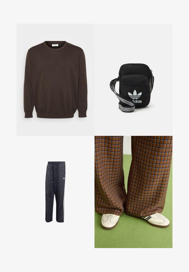 Maglione a maglia marrone con scollatura rotonda, maniche lunghe e polsini e orlo a costine. Tessuto dalla texture liscia, design classico senza decorazioni.; Pantaloni sportivi neri con motivo a stampa leopardata, caratterizzati da un design a tre strisce bianche e un logo di un marchio sportivo sul lato.; Pantaloni a pieghe larghi a quadri marroni e blu abbinati a scarpe bianche con dettagli neri e suole testurizzate, posizionati su uno sfondo verde.; Borsa a tracolla in tessuto nero con chiusura a zip, caratterizzata da un logo Adidas bianco e una tracolla regolabile a righe per un facile trasporto.