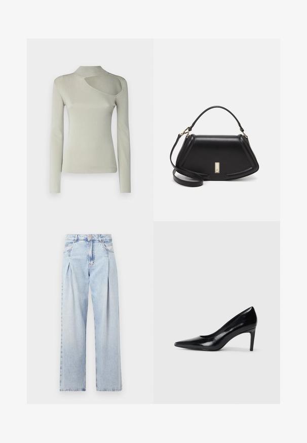 Long-sleeve top in light grey ribbed fabric, featuring a high neck and asymmetrical cutout on the left shoulder. Smooth texture.; Light blue denim jeans with a high waist, wide-leg cut, two side pockets, and pleated design feature. Soft texture with a faded finish.; Black leather high heel shoe with a pointed toe, smooth texture, and a tapered heel. Minimalist design, no additional embellishments.; Black leather handbag with a structured design, featuring a cropped shape, top handle, and gold hardware accent. Adjustable shoulder strap included.