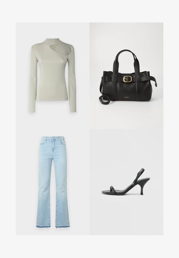 Langermet topp i lysegrå ribbet stoff, med høy hals og asymmetrisk utskjæring på venstre skulder. Glatt tekstur.; Lyseblå flagrende jeans laget av denim, med høy midje, frontlommer og rå kant ved mansjettene for et uformelt utseende.; Sorte skinnhøye hæler med en slank, buet hæl og et kryssrem-design. Justerbar ankelrem. Glatt tekstur.; Svart lærveske med en strukturert design, doble topphåndtak, gullfarget spenneakent og preget merke-logo foran.