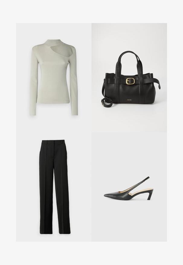 Langermet topp i lysegrå ribbet stoff, med høy hals og asymmetrisk utskjæring på venstre skulder. Glatt tekstur.; Sorte vide benbukser laget av glatt stoff, med flat front, beltehanker og skreddersydd passform uten lommer.; Svart spiss tå slingback-sko med lav hæl, laget av jevnt skinnmateriale og med utskåret design på siden for pusteevne.; Svart lærveske med en strukturert design, doble topphåndtak, gullfarget spenneakent og preget merke-logo foran.