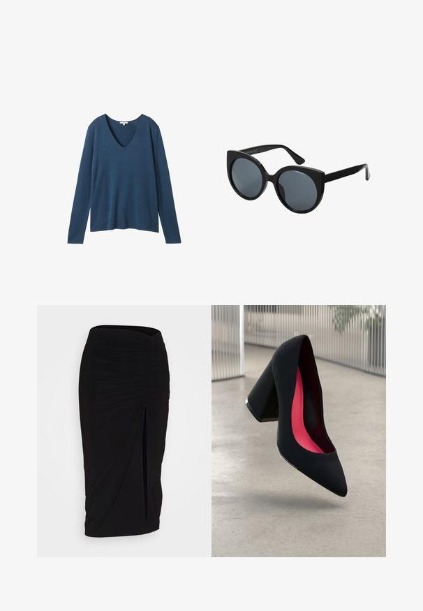 Długi rękaw, sweter z głębokim dekoltem w kształcie V w ciemnoniebieskim kolorze, wykonany z miękkiego, gładkiego materiału o luźnym kroju i subtelnych detalach w szwach.; Czarna, marszczona spódnica typu ołówkowego z węzłem i bocznym rozcięciem. Wykonana z elastycznego materiału, o gładkiej fakturze i dopasowanym kroju.; Czarna szpilka o spiczastym nosie, z teksturowaną powierzchnią i intensywnie różowym wnętrzem. Posiada masywny obcas z srebrnym akcentem.; Czarne oversize okulary przeciwsłoneczne w kształcie kociego oka, z ciemnymi, przyciemnionymi soczewkami i błyszczącą plastikową ramą. Posiadają grube zauszniki dla lepszego wsparcia.
