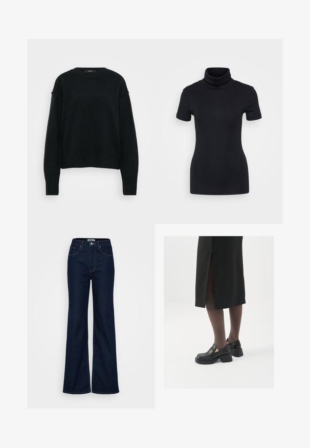 Črna pletena pulover s krožnim izrezom, spušenimi rameni in dolgimi rokavi. Ima teksturirano tkanino in skrajšan kroj.; Črna rebrasta majica s turtleneck ovratnikom, kratkimi rokavi, prilegnjenim dizajnom, mehkimi vlakni, minimalnimi šivi in visokim ovratnikom.; ONLY Tall ONLJUICY WIDE RINSE - Široke hlačnice - dark blue denim; Črne usnjene čevlje s zaobljenim prstom, debelim blokastim petama in elastičnimi stranskimi detajli, v kombinaciji s temno nogavicami in črno krilo z razporkom.