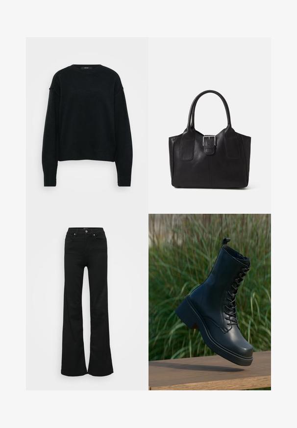 Svart stickad tröja med rundad halsringning, sänkt axelled och långa ärmar. Har en strukturerad tygkvalitet och en kortad passform.; Svarta utsvängda jeans i denim, med hög midja, fem fickor och metallknappstängning. Slät textur med minimal detaljering.; Svarta läderankelboot med rund tå, snörning fram och tjock, klumpig klack. Har detaljerad sömnad och en slät yta.; Svart läder tote-väska med slät yta, strukturerad form, två handtag och en framträdande silverfärgad spänne på framsidan.