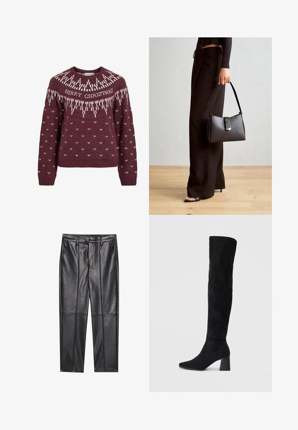 Pull bordeaux à encolure ronde avec le texte blanc "MERRY CHRISTMAS" et un motif de flocon de neige tricoté sur le yoke et le corps.; Pantalons en cuir noir avec une texture lisse, présentant une coupe droite, deux poches avant et des coutures visibles.; Botte noire en daim montée jusqu'au genou, avec un talon bloc, un bout pointu et un design lisse et sans couture sur un fond clair.; Sac à main noir à la forme structurée, texture lisse et fermoir métallique. Associé à un pantalon noir ample et des sandales ouvertes sur un sol en bois.