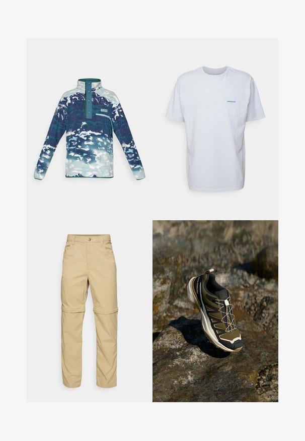 Langermet fleece-pullover med høy krage, trykknapper, brystlomme med glidelås og blå-hvit abstrakt mønster.; Hvit bomulls t-skjorte med korte ermer, rund hals og en lomme på venstre bryst med en blå "Patagonia" logo. Klassisk passform med jevn tekstur.; Beige avtakbare bukser med en glatt tekstur, som har to sidelommer, knappelukking og oppbrettede ermer for allsidighet.; Fjellsko i olivengrønn og svart med rosa detaljer. Har en teksturert overdel, fleksibel såle, forsterket tåhette og fargerik snøringssystem.