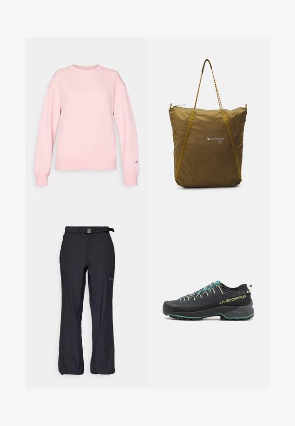 Rozā ribota sporta krekls ar garām piedurknēm, apaļu kakla izgriezumu un logo emblēmu uz krūtīm un piedurkņu. Mīksta tekstūra, pieguļošs viduklim.; Melnas ārējās bikses ar vieglu audumu, regulējamu jostasvietu ar jostu un divām priekšējām kabatām. Izstrādātas komfortam un funkcionalitātei.; Melnas pārgājienu kurpes ar tīkla un dzelteniem akcentiem. Tam ir strukturēts augšdaļa, mīksts zole un izturīga gumijas pēda, kas nodrošina saķeri.; Olīvu zaļš, izturīgs neilona iepirkumu soma ar teksturētu virsmu, kas aprīkota ar rāvējslēdzēju, kontrastējošiem dzelteniem akcentiem un braidītām rokturiem.