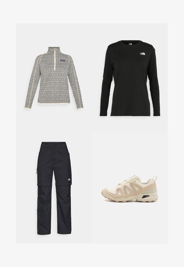 Pullover de fleece com fecho de três quartos, apresentando um padrão geométrico em preto e creme, fecho e detalhes da gola em contraste, tecido texturizado.; T-shirt preto de mangas longas, feito de algodão, com decote redondo. Apresenta um pequeno logótipo branco na área esquerda do peito. Design simples e ajuste confortável.; Calças cargo pretas em nylon com fechos de correr removíveis, punhos ajustáveis, múltiplos bolsos e um logótipo na perna direita. Textura suave e leve.; Sapatilha atlética beige e creme com parte superior em malha texturizada, sobreposições de suporte e sola de borracha com um padrão de cravo para tração.