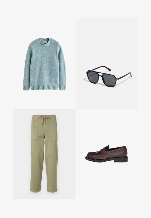 Vaalean teal väriin neulottu paita, jossa on pyöreä pääntie, ribbaus hihansuissa ja helmassa. Valmistettu teksturoidusta langasta, jossa on mukava muotoilu, joka sopii arkikäyttöön.; Vaaleanoliivinvihreät housut, jotka on valmistettu puuvillasekoitteesta. Housuissa on joustava vyötärö, joka sisältää nyörin, sekä kaksi suurta sivutaskua.; Bordeaux nahkaloaferit mustalla nahkapäällä, yksityiskohtaisella ompelulla ja teksturoidulla kumipohjalla. Klassinen muotoilu matalalla korolla.; Musta aurinkolasit, joissa on oktaalinen kehys, tummat linssit, kiiltävä pinta, ohuet templesit ja kultaiset yksityiskohdat etupuolella.