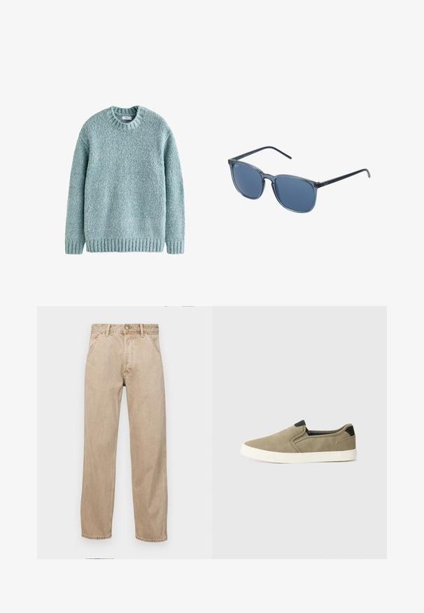 Fényes teal színű kötött pulóver kerek nyakkivágással, bordázott mandzsettákkal és aljjal. Texturált fonalból készült, kényelmes kialakítással, amely alkalmas mindennapi viseletre.; Beige színű farmernadrág egyenes fazonnal, elülső zsebekkel, fém gombos záródással és diszkrét textúrával.; Taupe slip-on cipők texturált szövet felsőrésszel, kontrasztos fekete sarokkal és fehér gumitalppal. Perforált dizájn a lélegzőképesség érdekében.; Kék, téglalap alakú napszemüveg szürke árnyalatú lencsékkel, műanyag kerettel, fémből készült kiegészítőkkel és matt felülettel a szárakon.