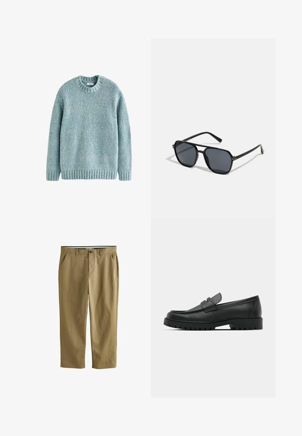 Jasno turkusowy sweter z dzianiny, okrągłym dekoltem, ściągaczami przy mankietach i u dołu. Wykonany z teksturowanej włóczki, charakteryzujący się przytulnym designem, idealny do codziennego noszenia.; Khaki chinos wykonane z mieszanki bawełny, z dwiema kieszeniami bocznymi, zapięciem na guzik, prostymi nogawkami i gładką teksturą.; Czarne skórzane mokasyny z zaokrąglonym noskiem, posiadające przeszywany wzór, niską platformę oraz teksturowaną, gumową podeszwę z bieżnikiem.; Czarne okulary przeciwsłoneczne z ośmiokątną oprawką, ciemnymi soczewkami, błyszczącym wykończeniem, cienkimi zausznikami i złotymi akcentami na przodzie.