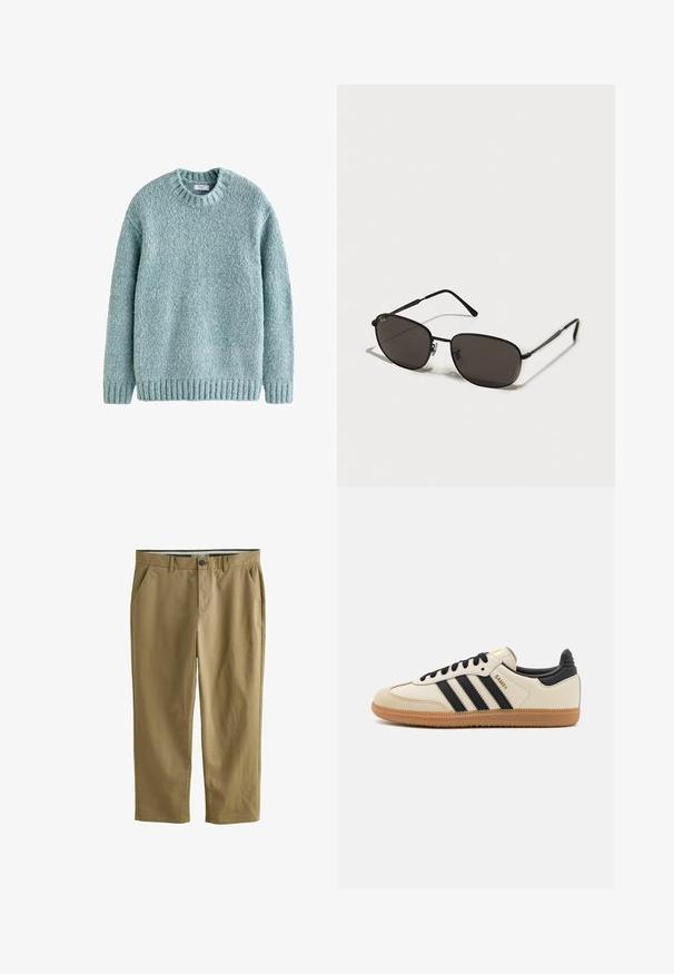 Pulover tricotat de culoare teal deschis, cu guler rotund, manșete și tiv cu nervuri. Fabricat din fir texturat, având un design confortabil, potrivit pentru îmbrăcăminte de zi cu zi.; Chino khaki din amestec de bumbac, dotat cu două buzunare laterale, închidere cu un nasture, picioare drepte și o textură netedă.; Pantofii sport bej cu dungi negre, talpă din cauciuc caramel și accente negre. Prezintă un partea superioară din piele netedă și un design cu vârf rotunjit.; Ochelari de soare de metal negri cu rame ovale, lentile închise la culoare, brațe subțiri și un logo discret pe lentila stângă. Design elegant, minimal.