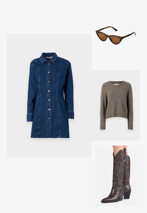 Temno rjav skrajšan pulover iz mehkega materiala, z okroglim izrezom, dolgimi rokavi ter rebrastimi manšetami in robom.; Temno modra srajčna obleka z dolgimi rokavi, koničastim ovratnikom, sprednjim zapenjanjem na gumb in vertikalnimi šivi. Gladka tekstura in strukturirana prileganje.; Rjave usnjene kavbojske čevlje z ostrim nosom in blok peto, ki vsebujejo podrobno šivanje in dvignjene dodatke na zgornjem delu.; Mačje oči sončna očala z okvirom v črno-oranžni želvej ohišji, rjavimi lečami in elegantnimi, ostrimi konicami. Imajo minimalistični logo na ročaju.